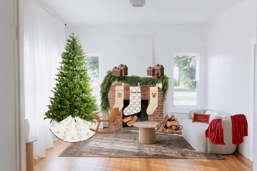 Cozy Christmas living room with decorated tree, brick fireplace, hanging stockings, and festive holiday decor.