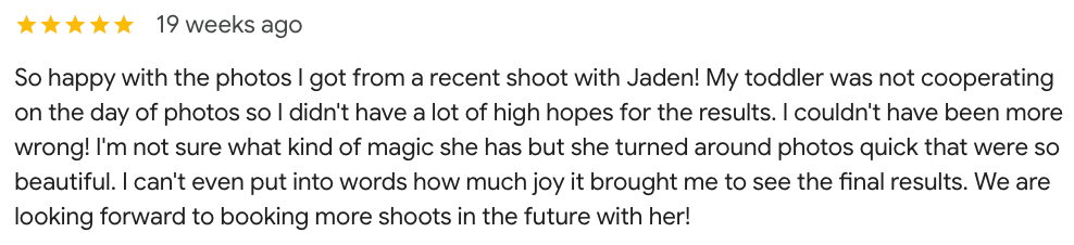 A glowing five-star customer review praising a toddler photo shoot with Jaden, highlighting beautiful results.