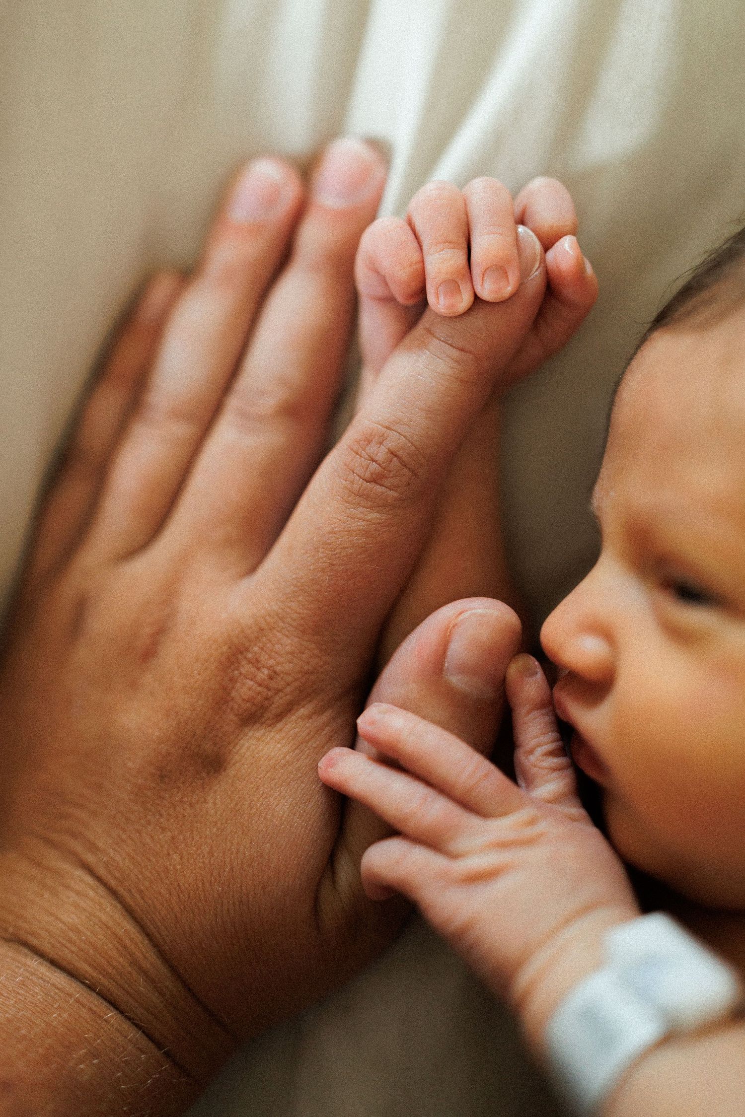 Newborn baby sleeping peacefully, tiny fingers grasping an adult's hand, wearing a hospital ID bracelet.