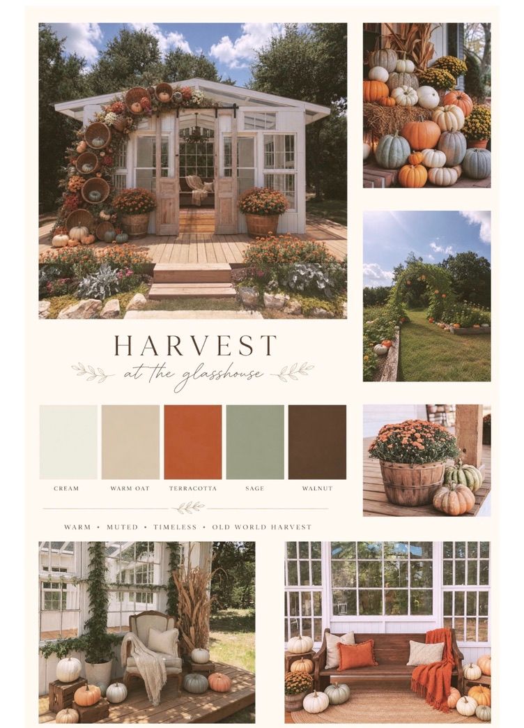 A harvest-themed mood board featuring a glass greenhouse decorated with fall pumpkins, warm earth tones, and a cozy autumn color palette.