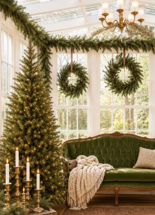 Elegant Christmas conservatory with lit tree, brass candlesticks, green velvet sofa, wreaths, and garland over large windows.