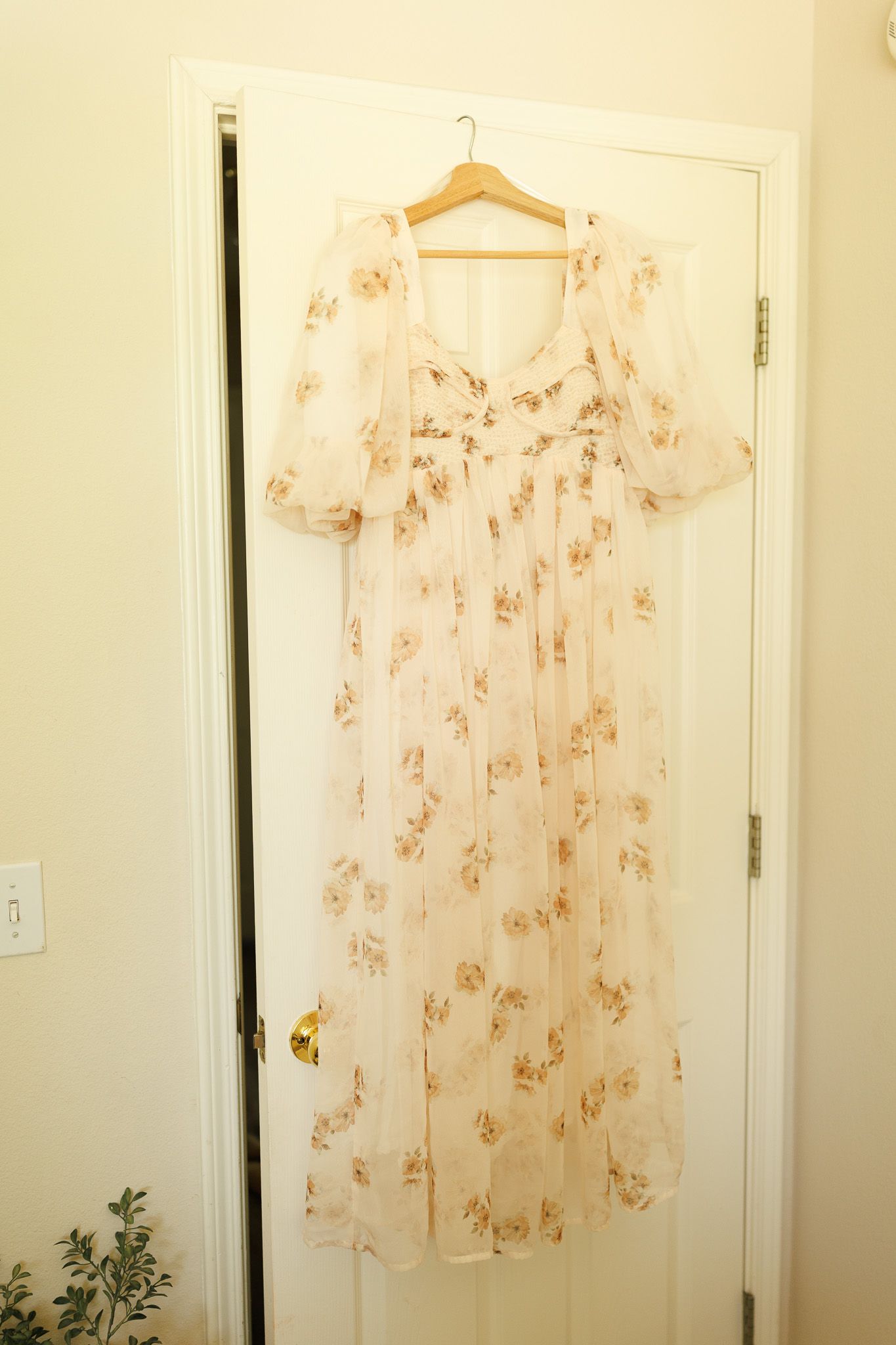 Delicate floral blouse with ruffle sleeves hanging on white closet door with a small plant visible below.