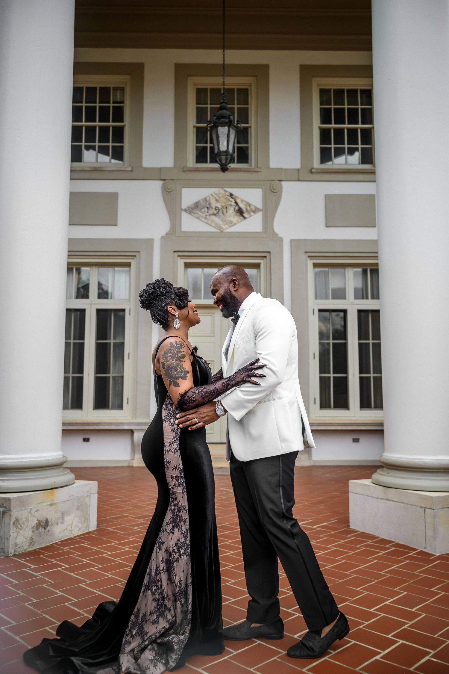 A romantic sequence of four photos showing a couple dancing together on a porch with white columns and brick flooring.