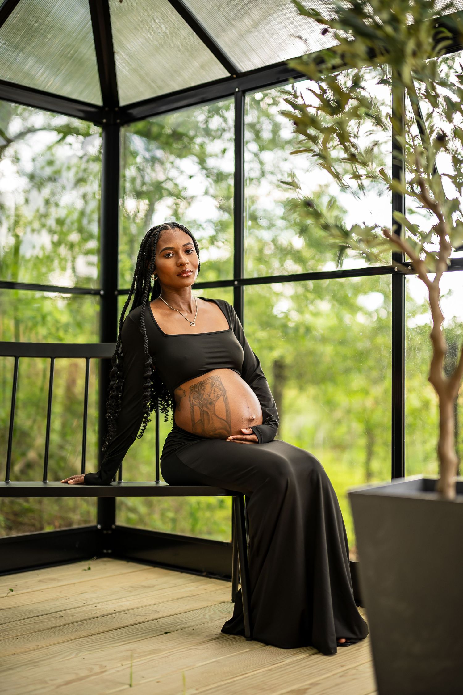 Elegant maternity portraits in a light-filled greenhouse with panoramic forest views.