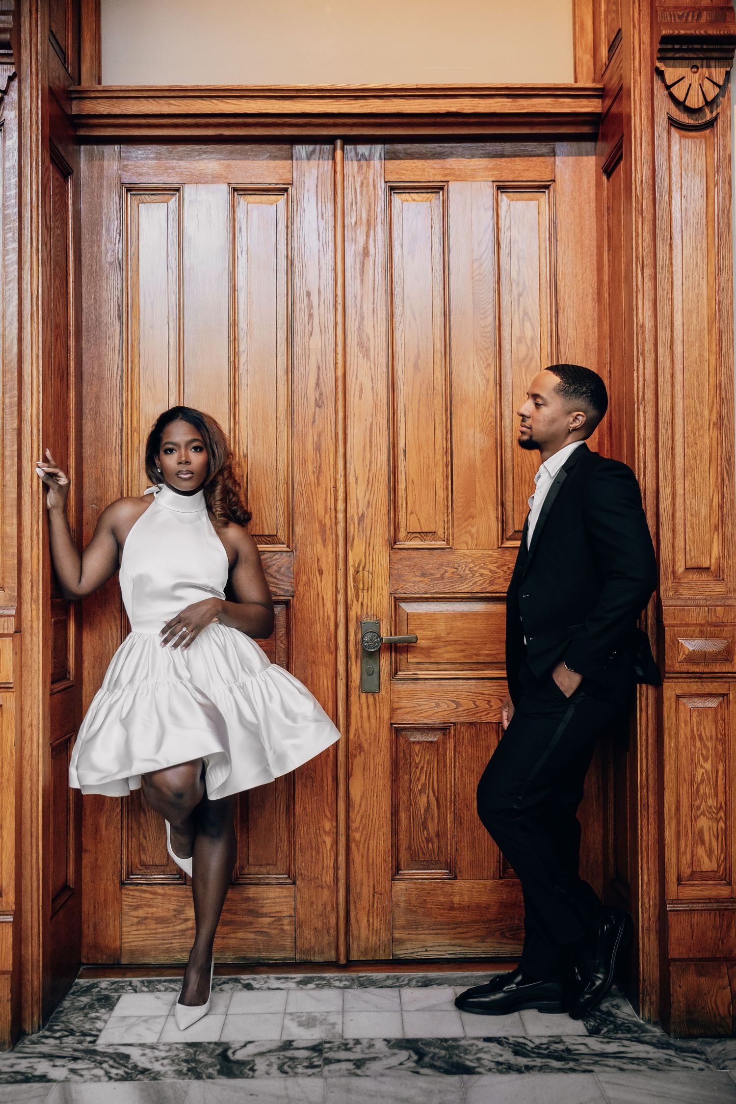 Artistic photo sequence showing white dress and formal attire against wooden paneled walls.
