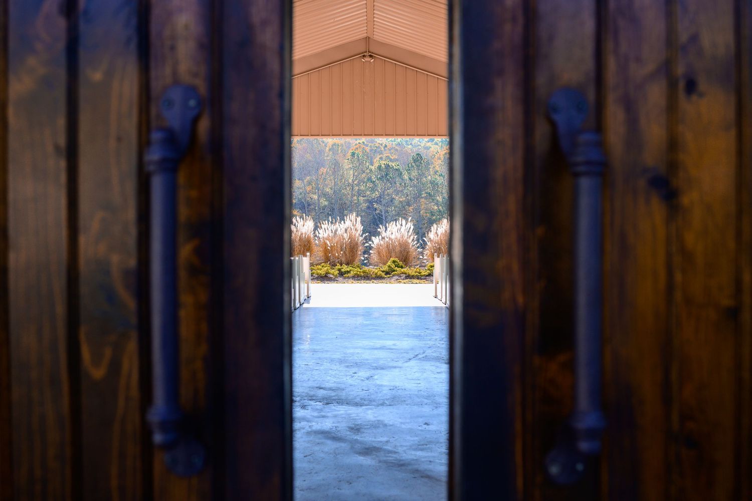 Rustic wooden barn doors frame a bright outdoor view in a vintage setting.