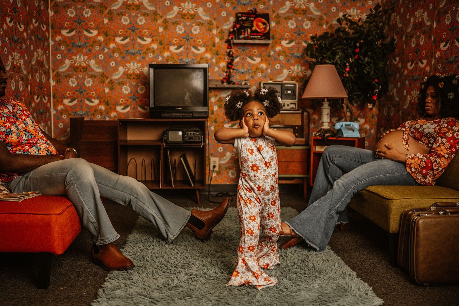 Artistic photo sequence against vintage orange wallpaper and gray shag carpet.