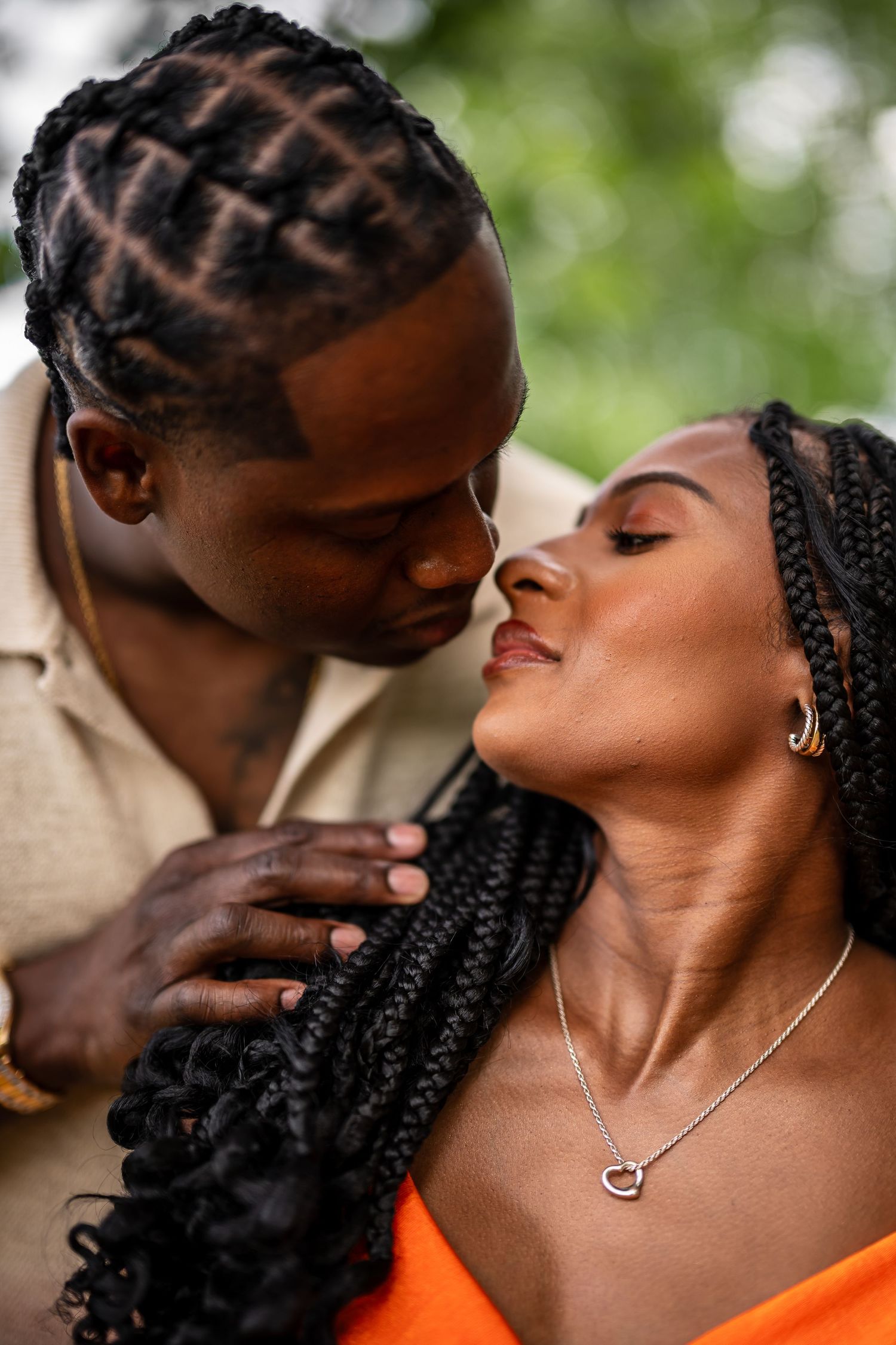 An intimate series of romantic close-up shots capturing tender moments between a couple.