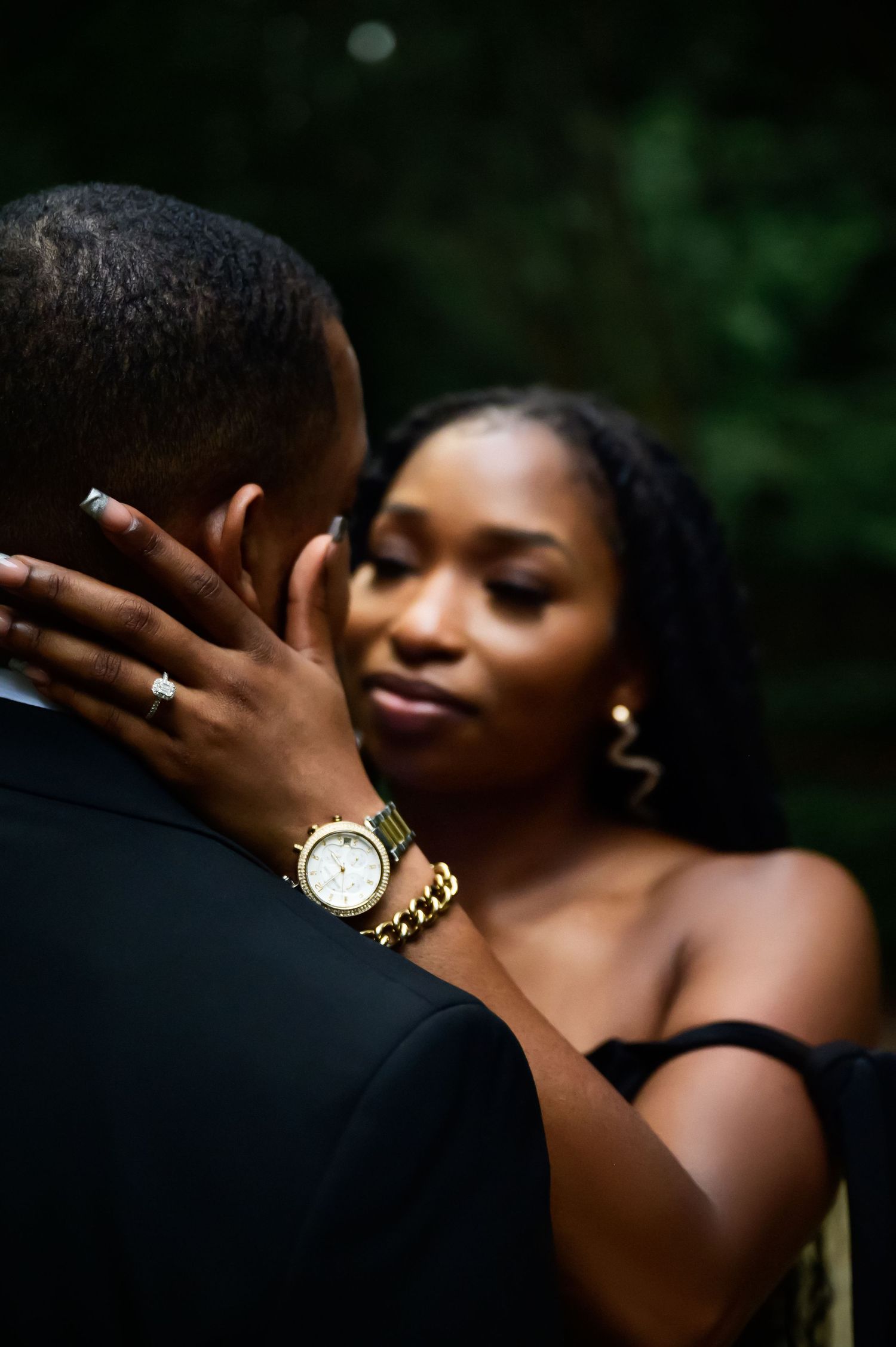 Close-up details of formal attire, jewelry and intimate moments in soft lighting.