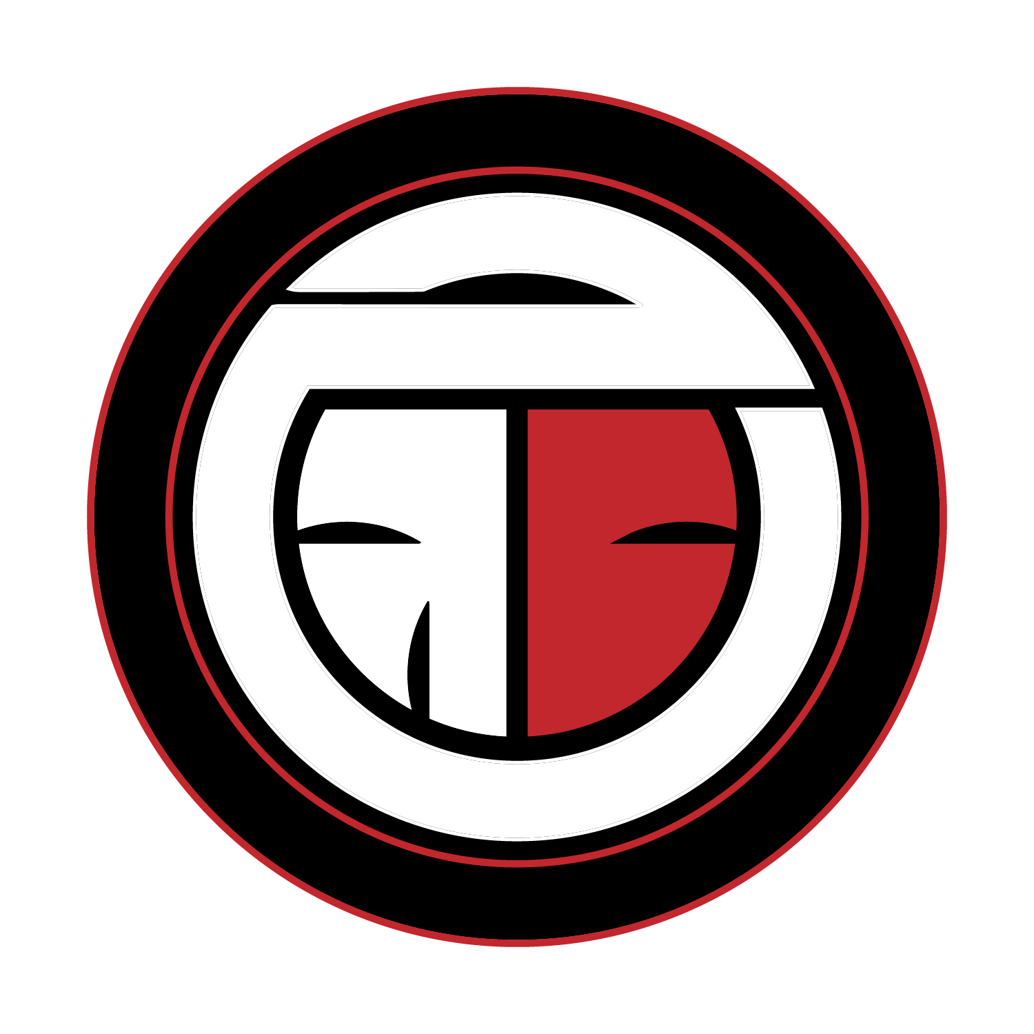 Minimalist logo design featuring abstract eye shapes in black and red.