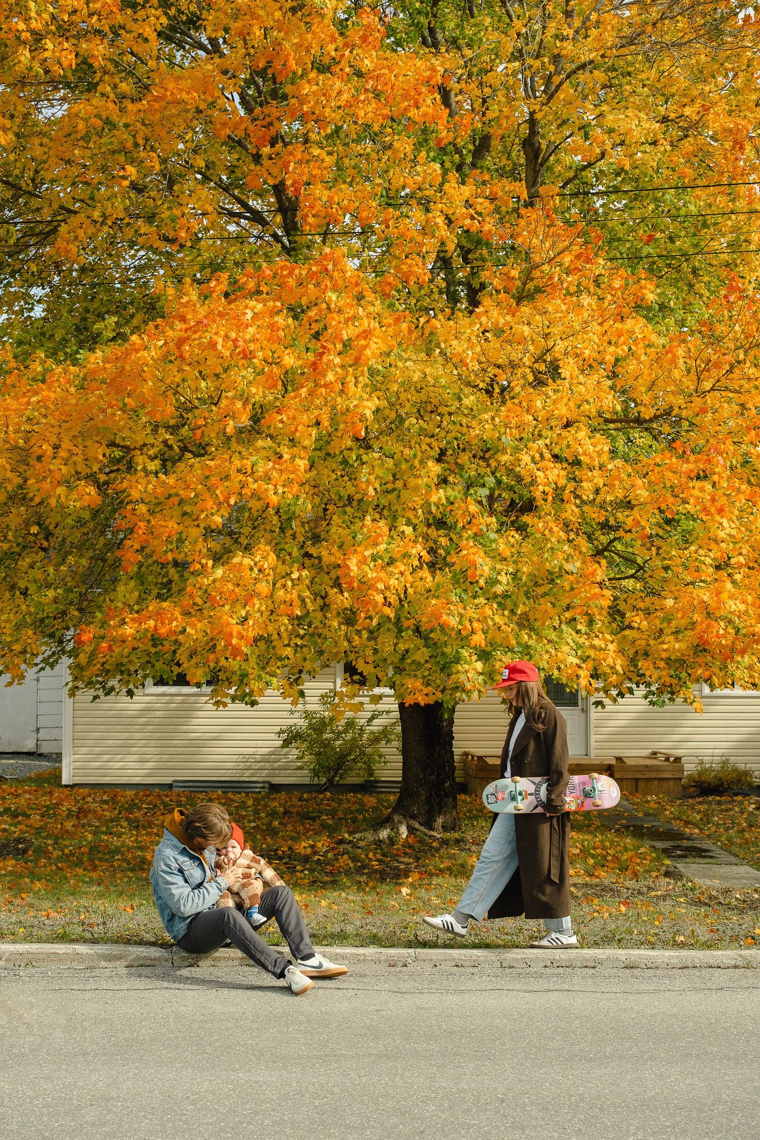 Autumn scene showing people sitting beneath a vibrant orange maple tree along a sidewalk.