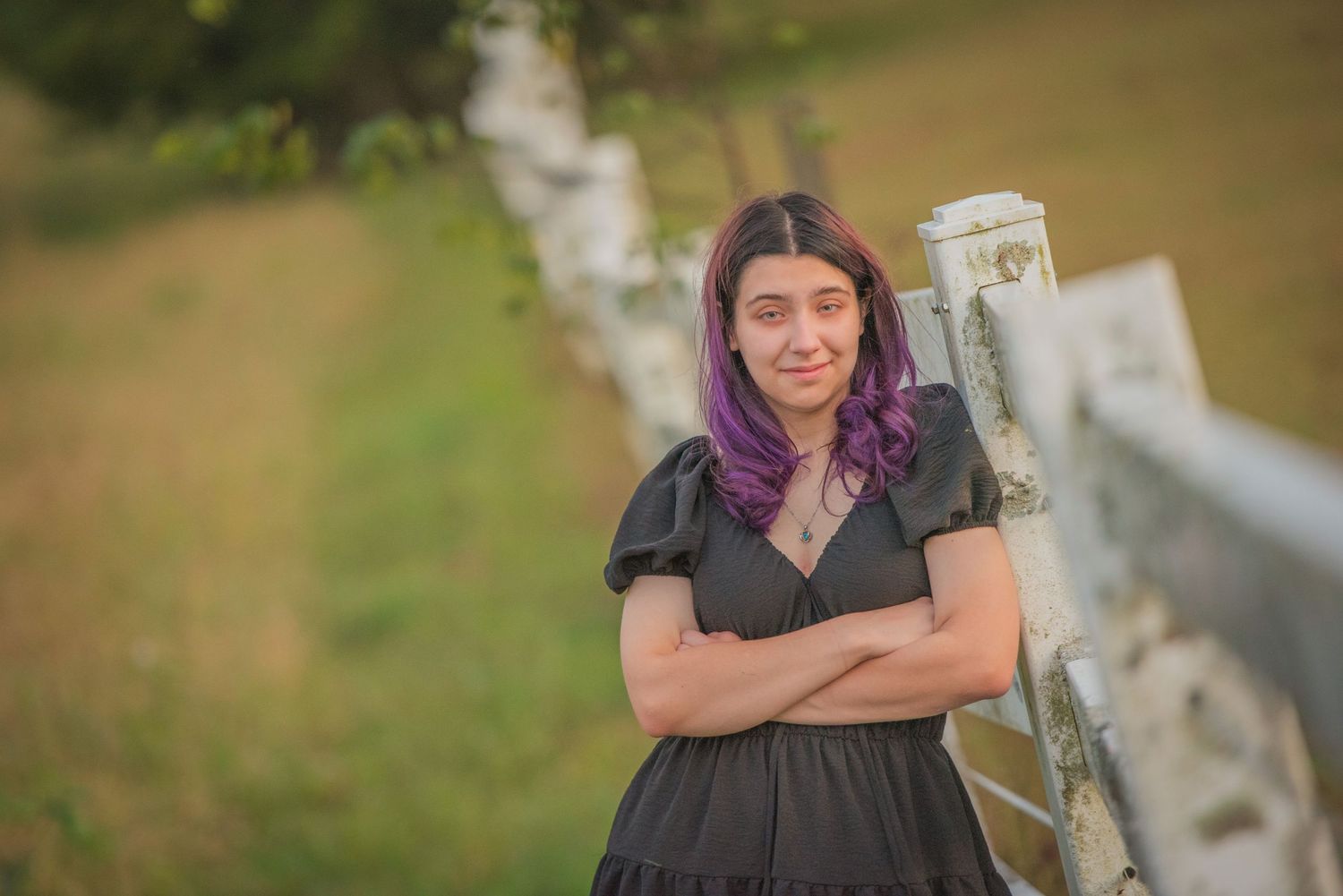 A figure in a dark dress with purple hair stands confidently with arms crossed by a rustic wooden fence.