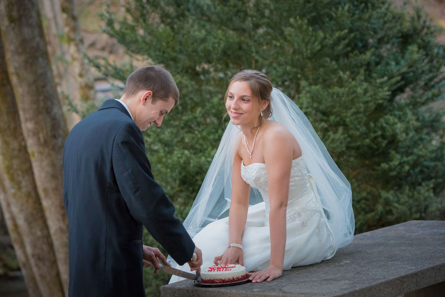 A couple shares a quiet moment together while sitting on a stone ledge surrounded by trees and greenery in Cosby TN.