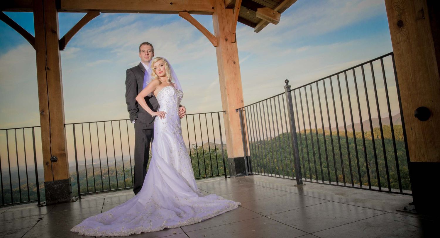 gatlinburg tn wedding photographers portrait of couple at the Preserve Pavilion against the sunset in Tennessee.
