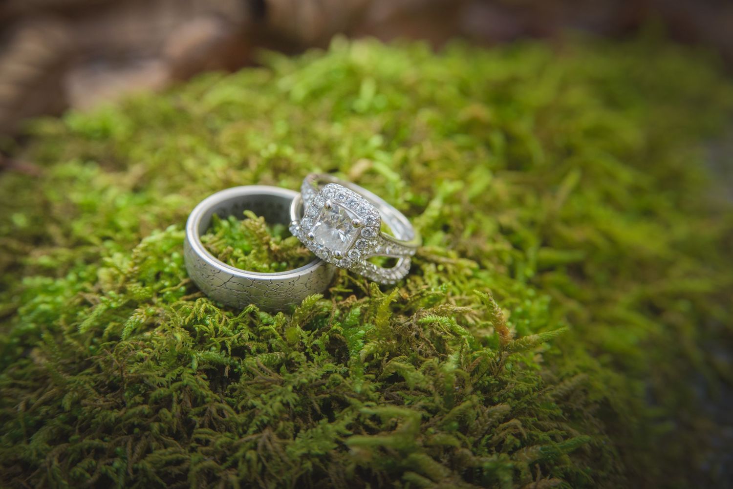 Two diamond wedding rings resting on bright green moss in a creative nature-inspired wedding detail photo by Gatlinburg Wedding Photographer