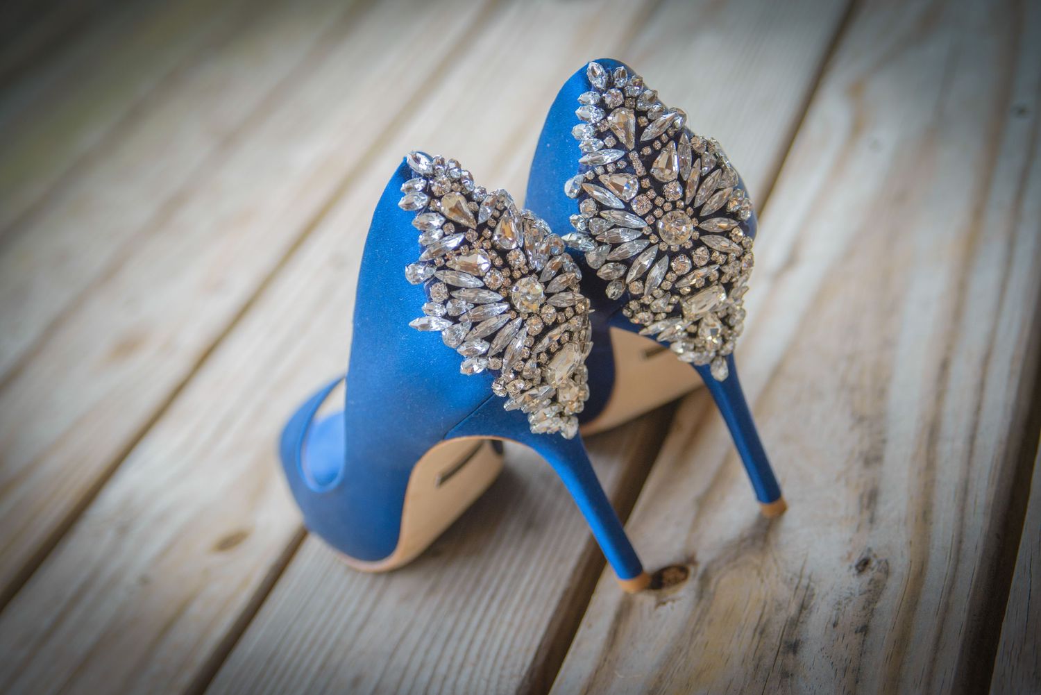 Beautiful blue wedding heels with ornate crystal butterfly decorations by Gatlinburg TN Wedding Photographers