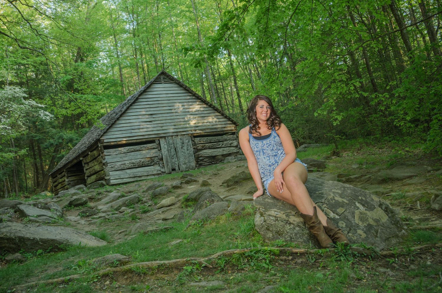 A rustic old log cabin stands in a lush green forest setting with someone seated on rocks in the foreground.