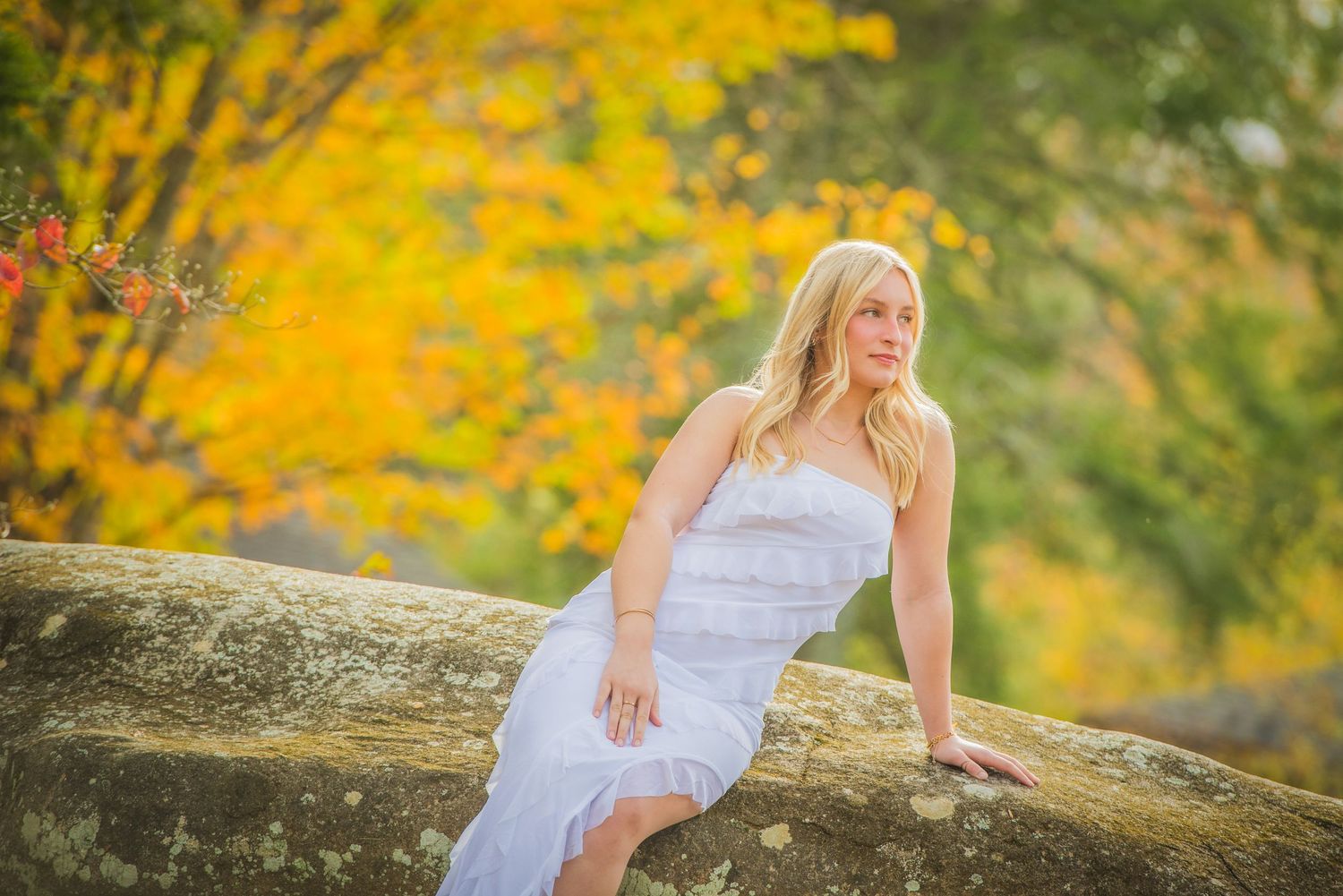 A white flowing dress contrasts beautifully against vibrant yellow autumn foliage as someone poses on a large rock in nature.