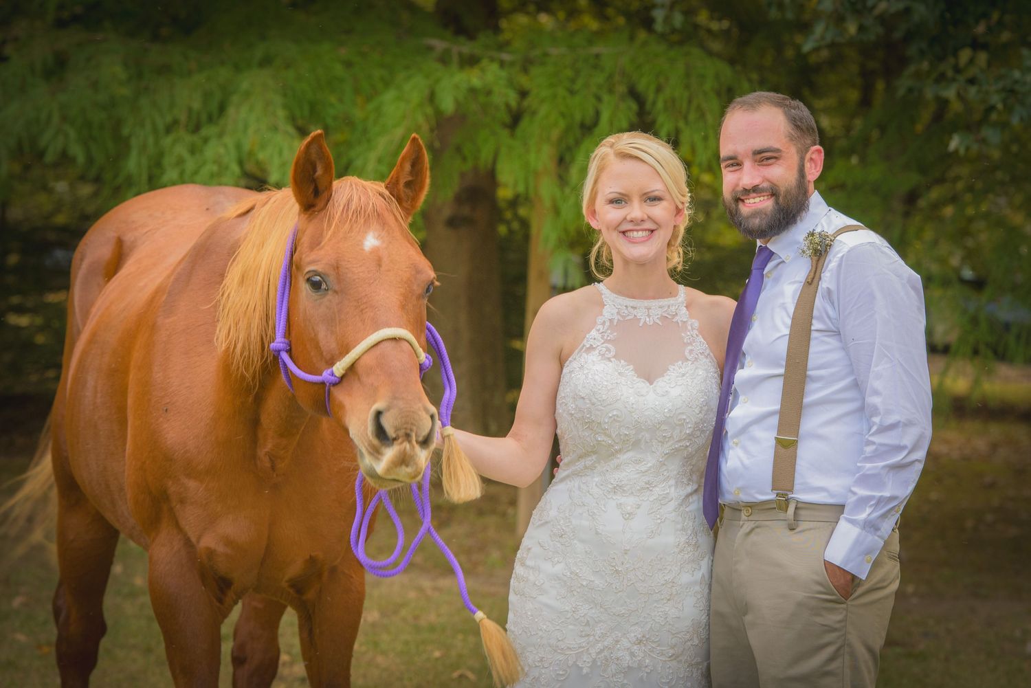 A brown horse stands with a couple on their wedding day in a rustic outdoor setting by Pigeon Forge Wedding Photographers.