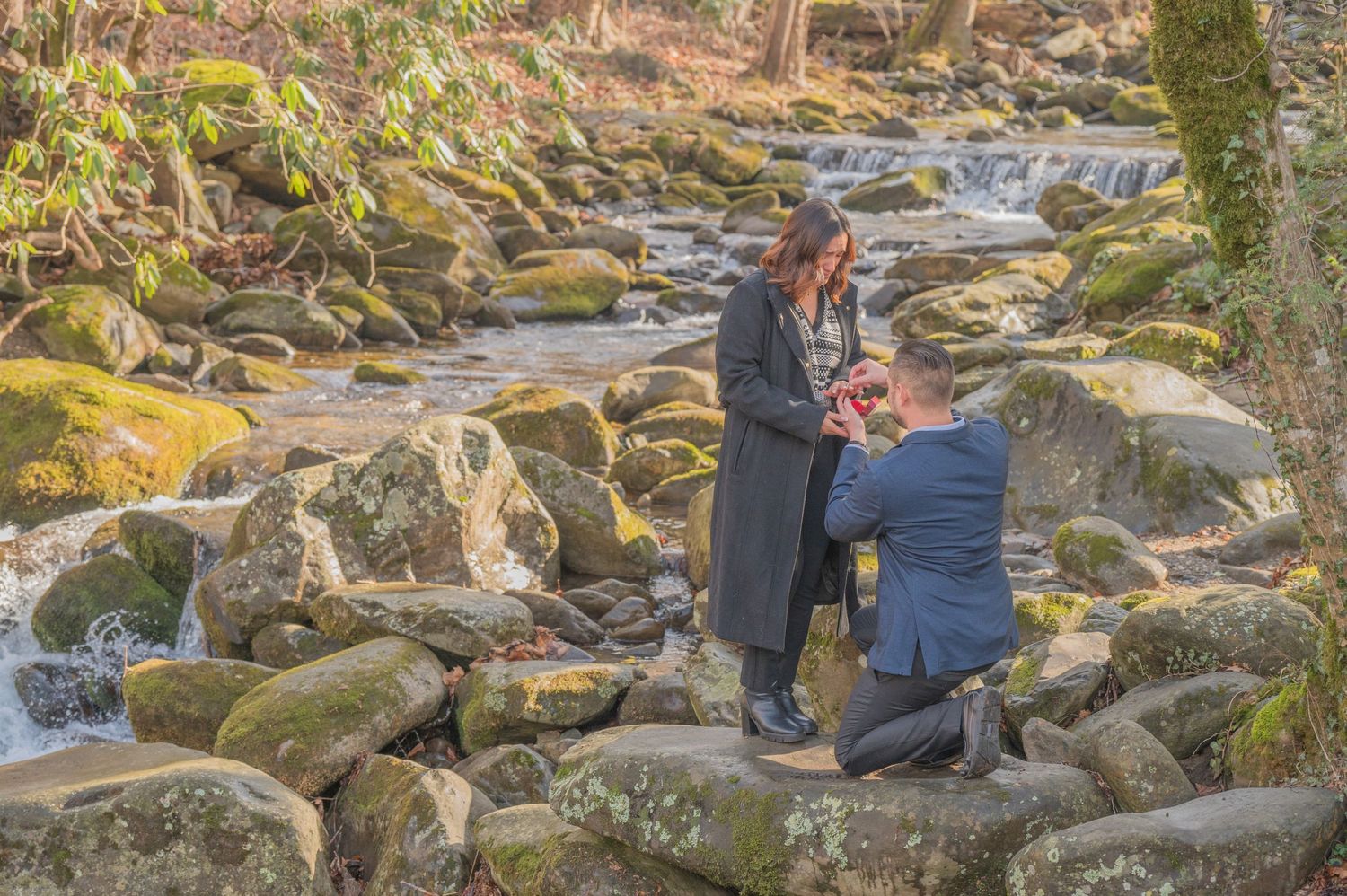 Romantic marriage proposal scene on rocky stream with cascading water and autumn foliage in background by Pigeon Forge TN Photographers.