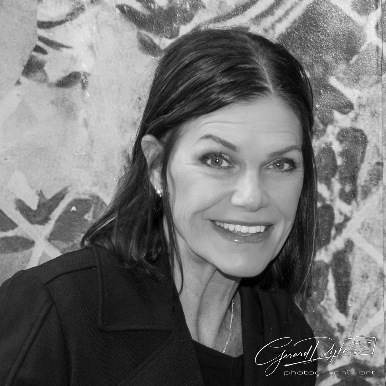 Black and white portrait series showing the same woman in different poses against a textured background.