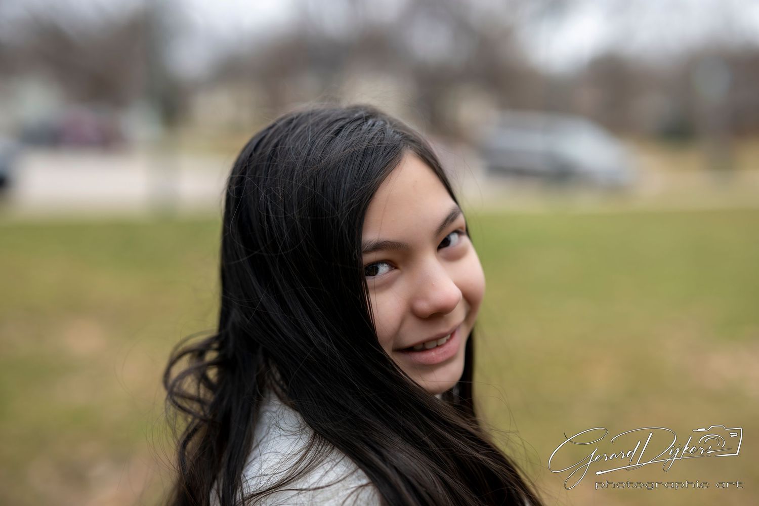 A series of candid outdoor portrait photos showing someone with long dark hair smiling against a blurred natural background.