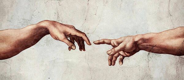 Close-up detail of two hands reaching towards each other from Michelangelo's Creation of Adam fresco painting.