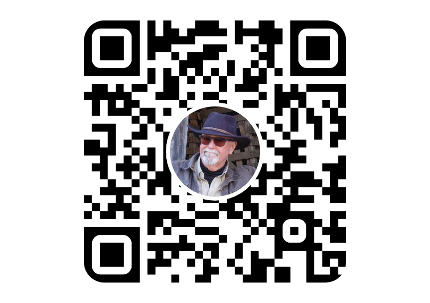 A QR code pattern with a circular profile photo inset in the center showing someone wearing sunglasses.
