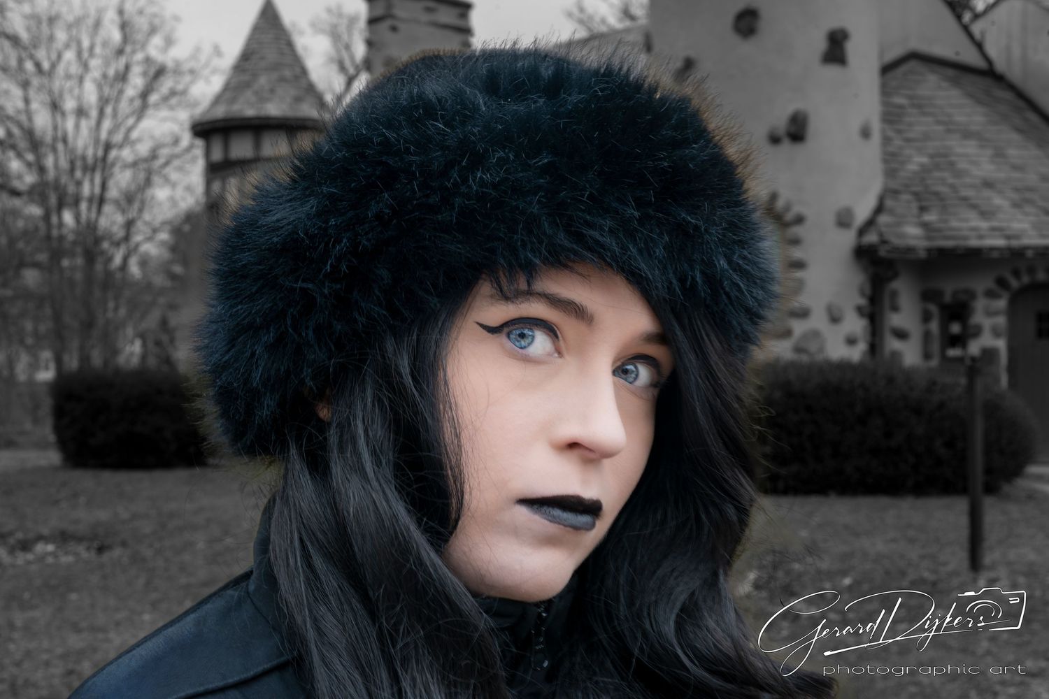 A series of black and white artistic portraits featuring dramatic lighting and dark fur hat styling.