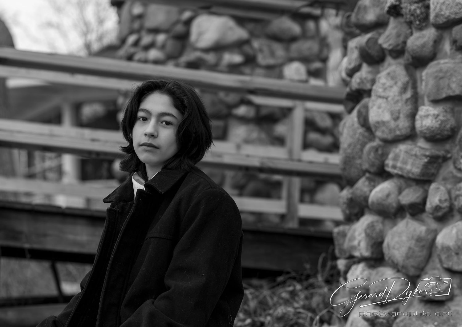A black and white photo sequence shows a person in contemplative poses against a stone wall background.