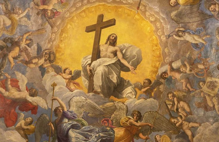 Religious fresco painting depicting heavenly figures ascending towards a cross amidst golden light and clouds.
