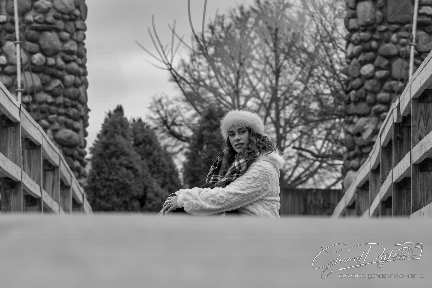 A black and white panoramic view of a park with trees and playground equipment.