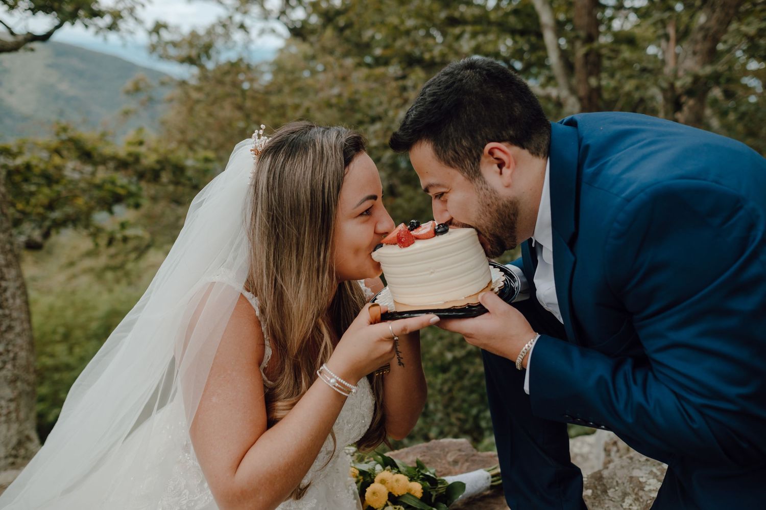 Five romantic wedding photos showing intimate moments between newlyweds in a scenic outdoor setting.