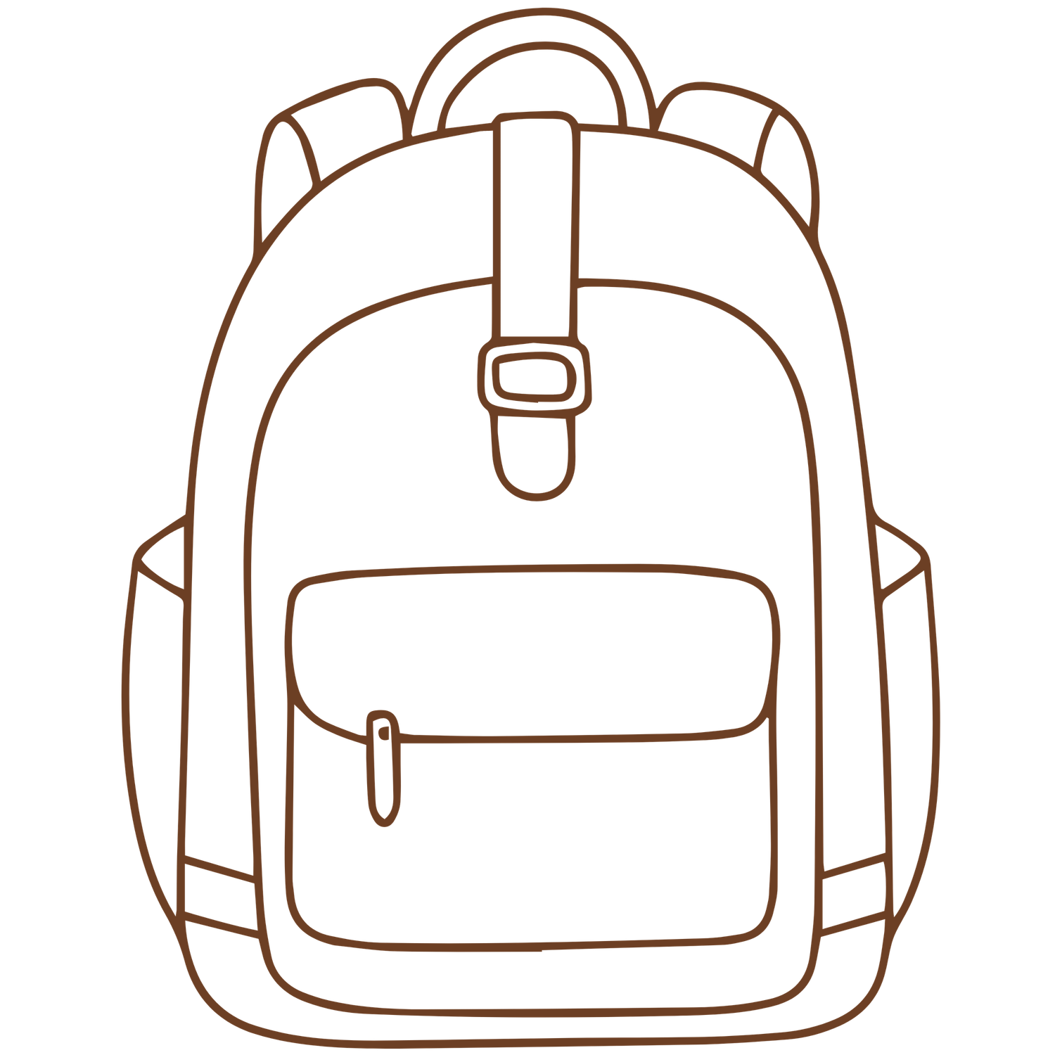 Simple line drawing of a school backpack with front pocket and adjustable straps in minimal outline style.