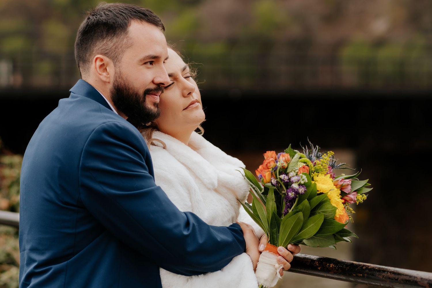 A series of intimate wedding photos showing candid moments and natural expressions during an outdoor celebration.