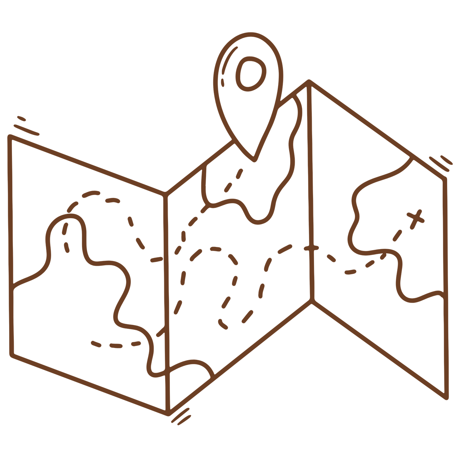 Simple line drawing of an unfolded paper map with location marker pin and dotted path navigation lines.