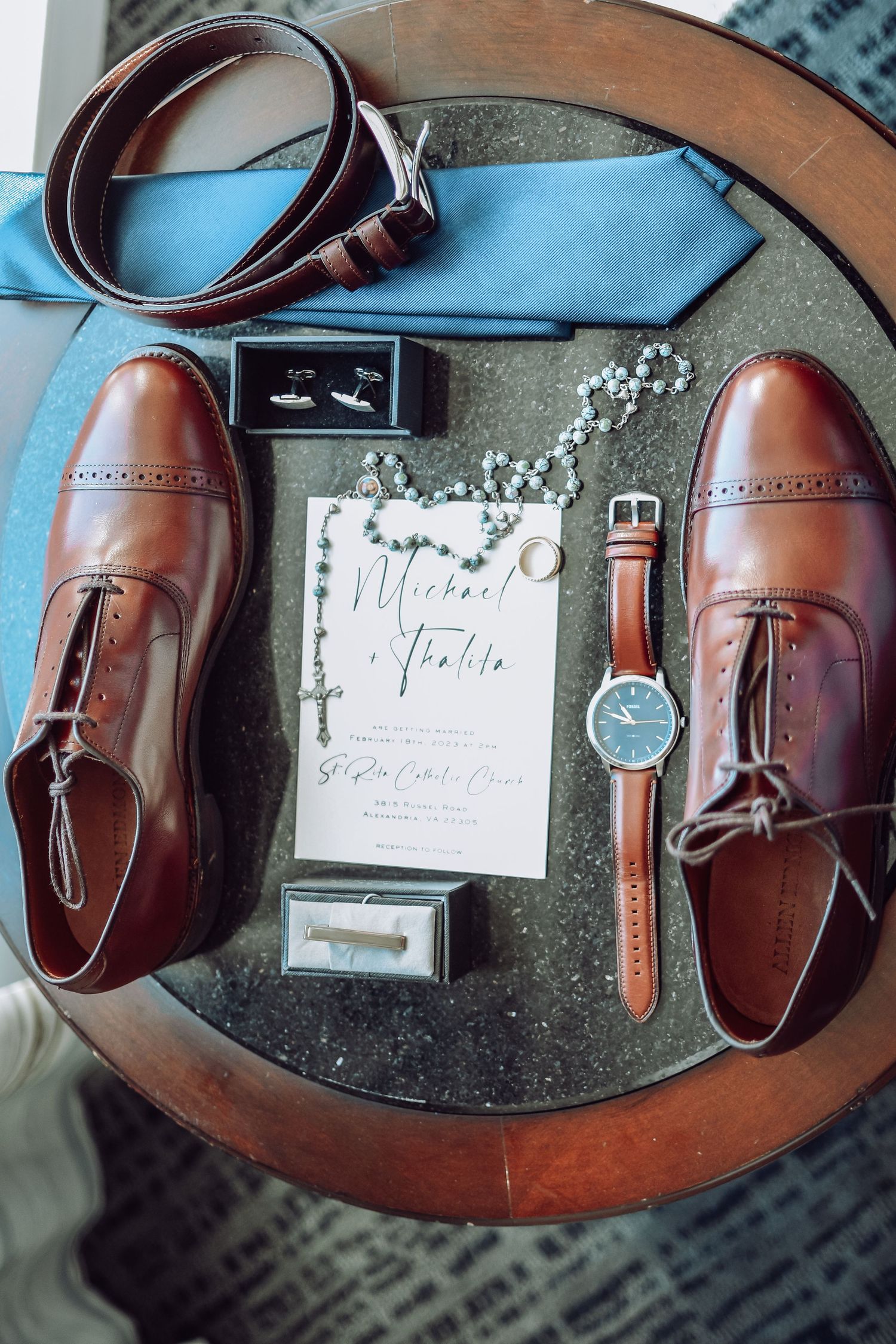 A sequence of photos showing brown leather Oxford shoes being shined and polished on an oval wooden surface.