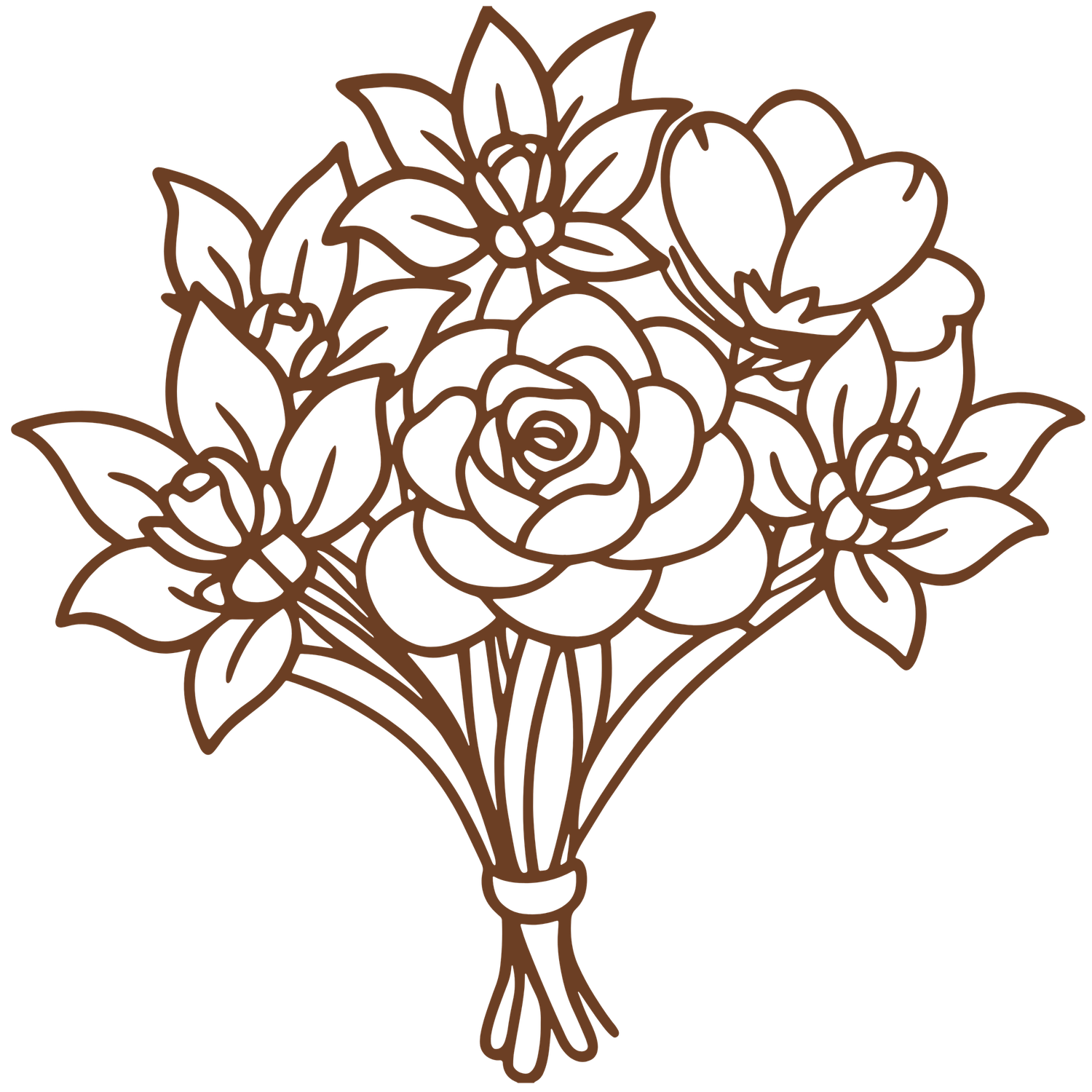 Line art illustration of five different floral arrangements featuring roses and leaves in a decorative style.