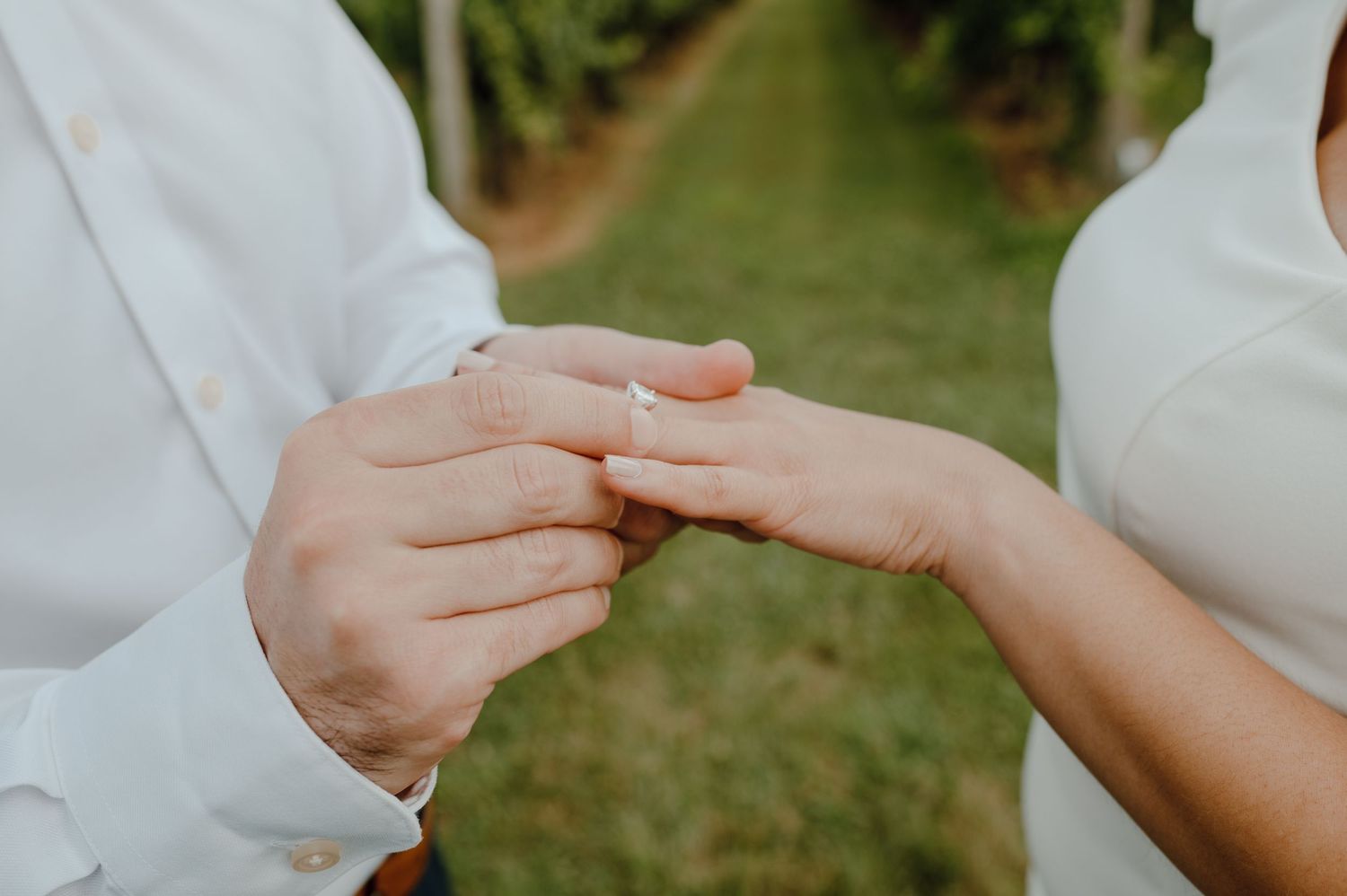 Close up of hands exchanging wedding rings during an outdoor ceremony with greenery in background.