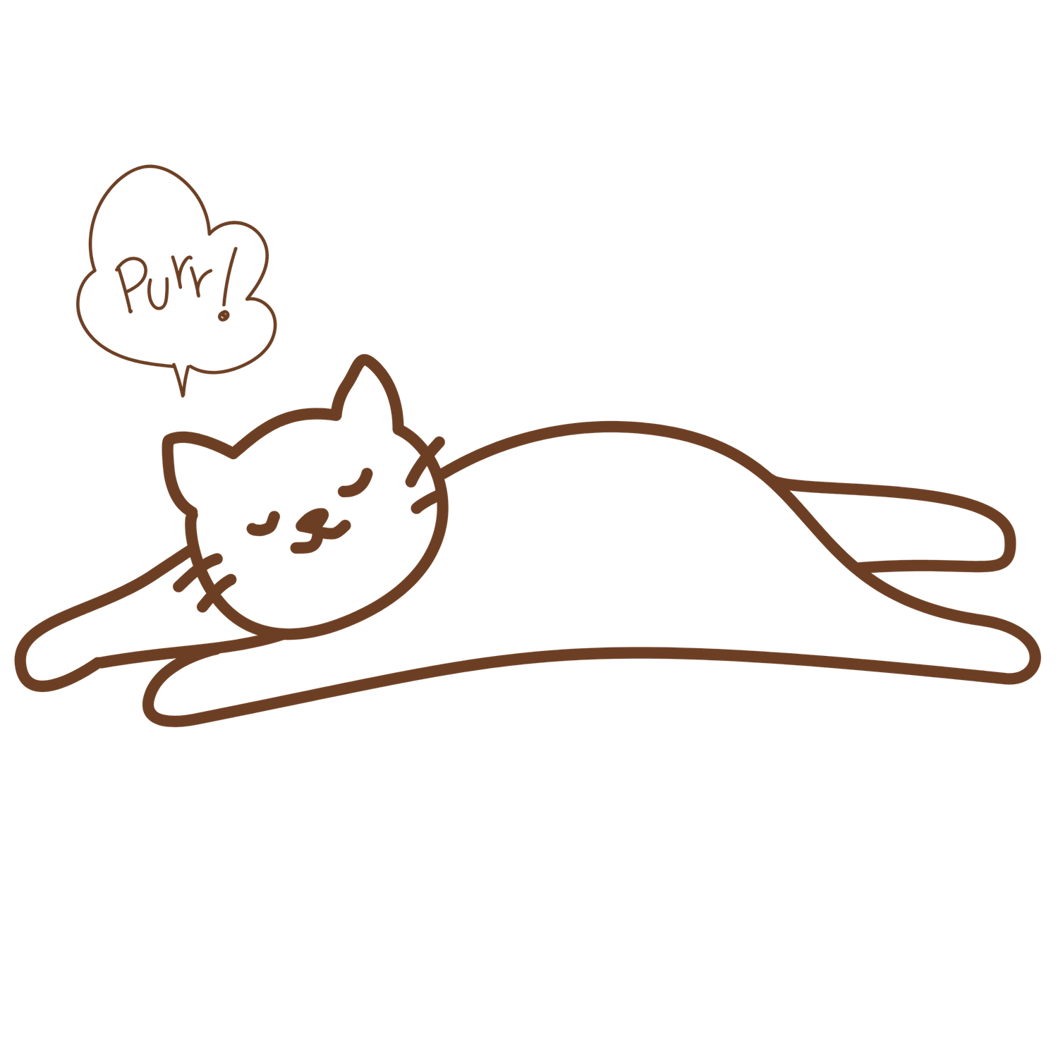 Simple line drawing of a relaxed cat lying down with a thought bubble containing purring sound effect.