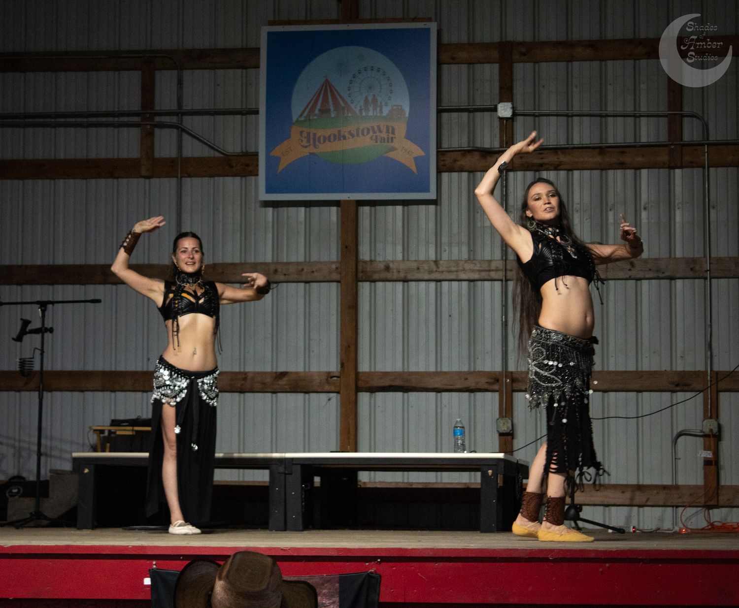 Two performers in belly dance costumes strike synchronized poses on a stage during a show with a logo banner visible above.