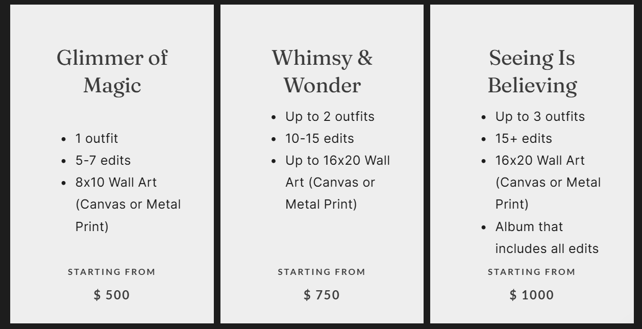 Three pricing tier cards showing different art print packages labeled Glimmer of Magic, Whimsy & Wonder, and Seeing Is Believing.