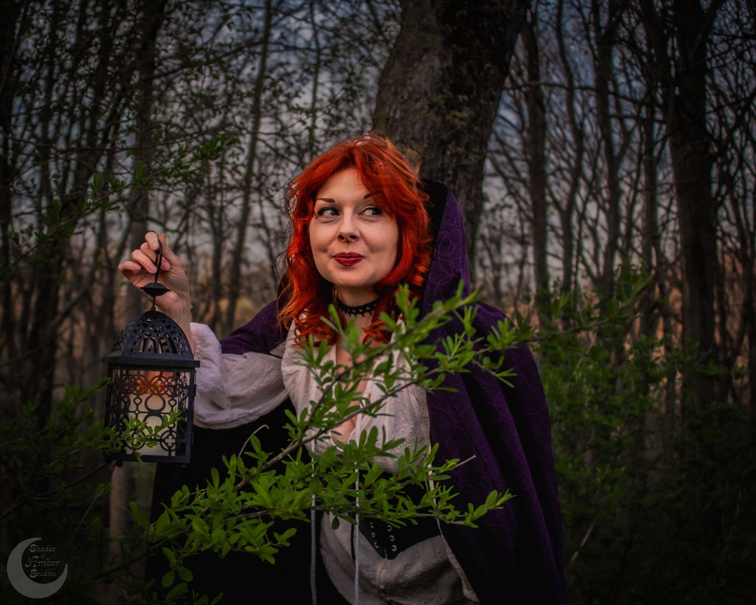 Woman in medieval costume poses against winter forest backdrop with dramatic lighting and moody atmosphere.