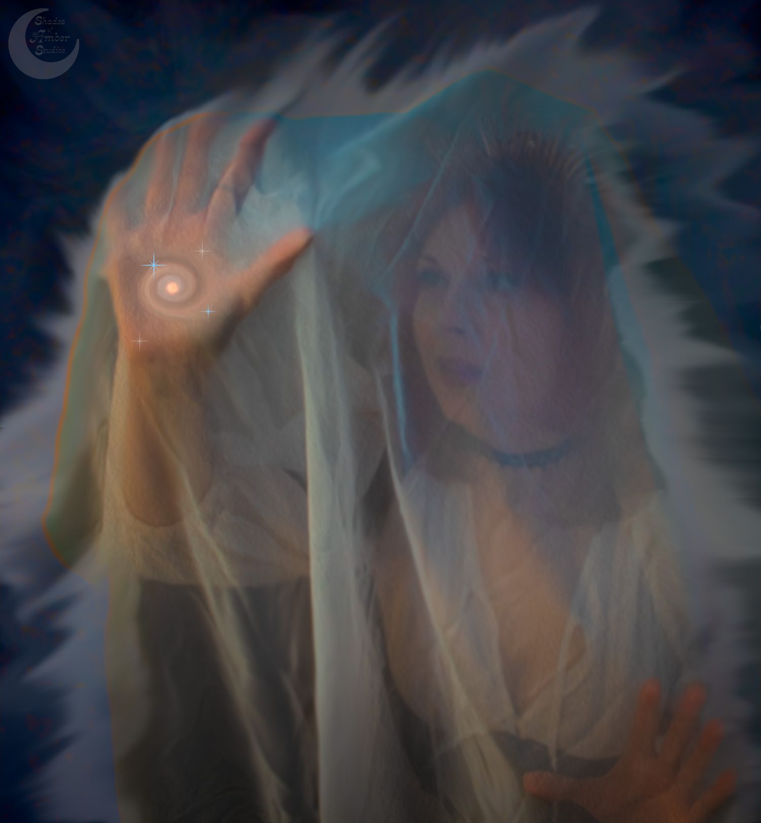 Ethereal double exposure portrait with glowing hand and mystical moonlit atmosphere against dark background.