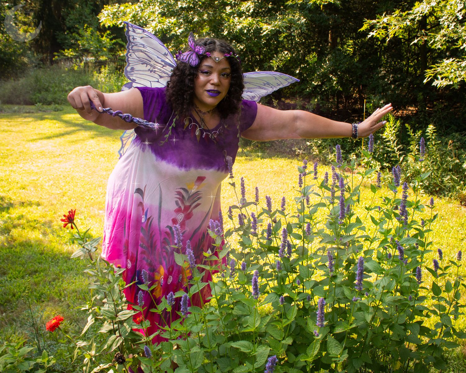 Magical outdoor photography session among colorful wildflowers and natural sunlight.