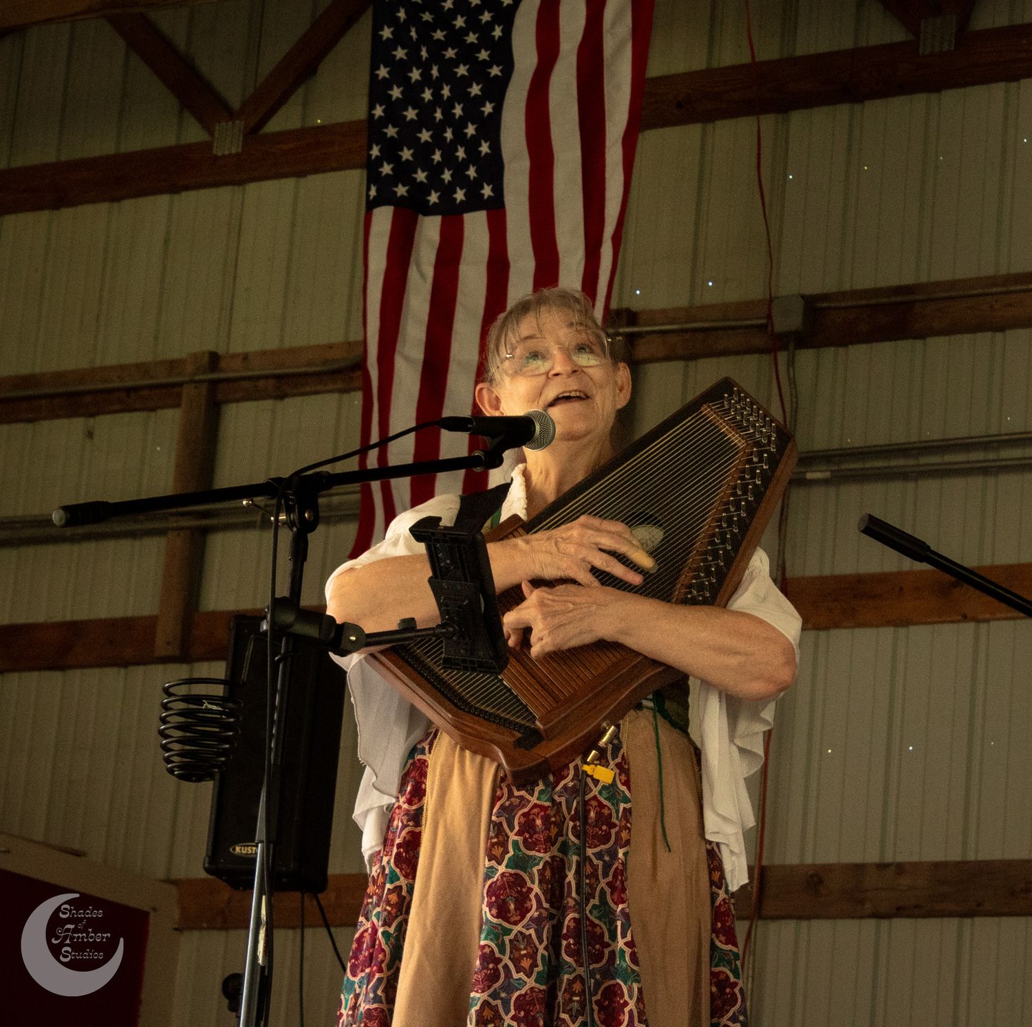 Four musical performers playing stringed instruments on stage with American flags hanging in the background.