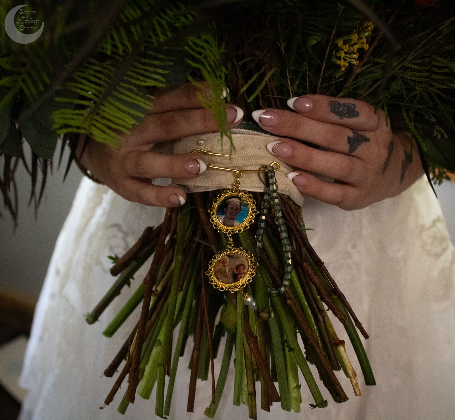 Hands binding fresh green chives together with twine in a step-by-step sequence.