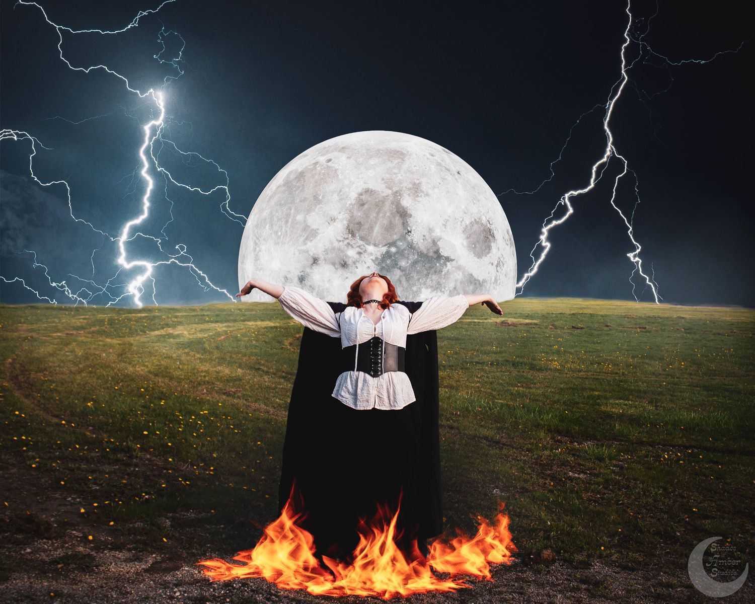 Person in black dress stands mystically on grassy hill amidst dramatic lightning strikes and moon with flames at their feet.