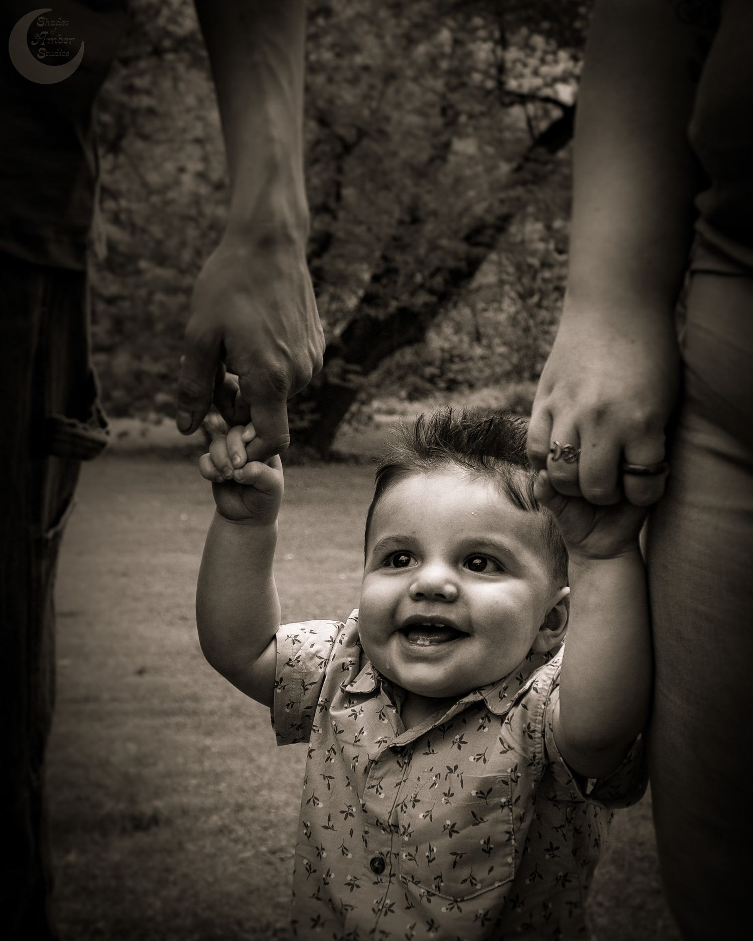 A sequence of black and white photos showing small hands holding onto adult fingers in a tender moment.