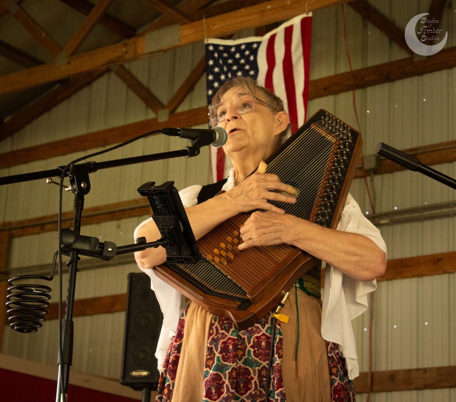 A performer plays the autoharp while standing at a microphone with an American flag hanging in the background.